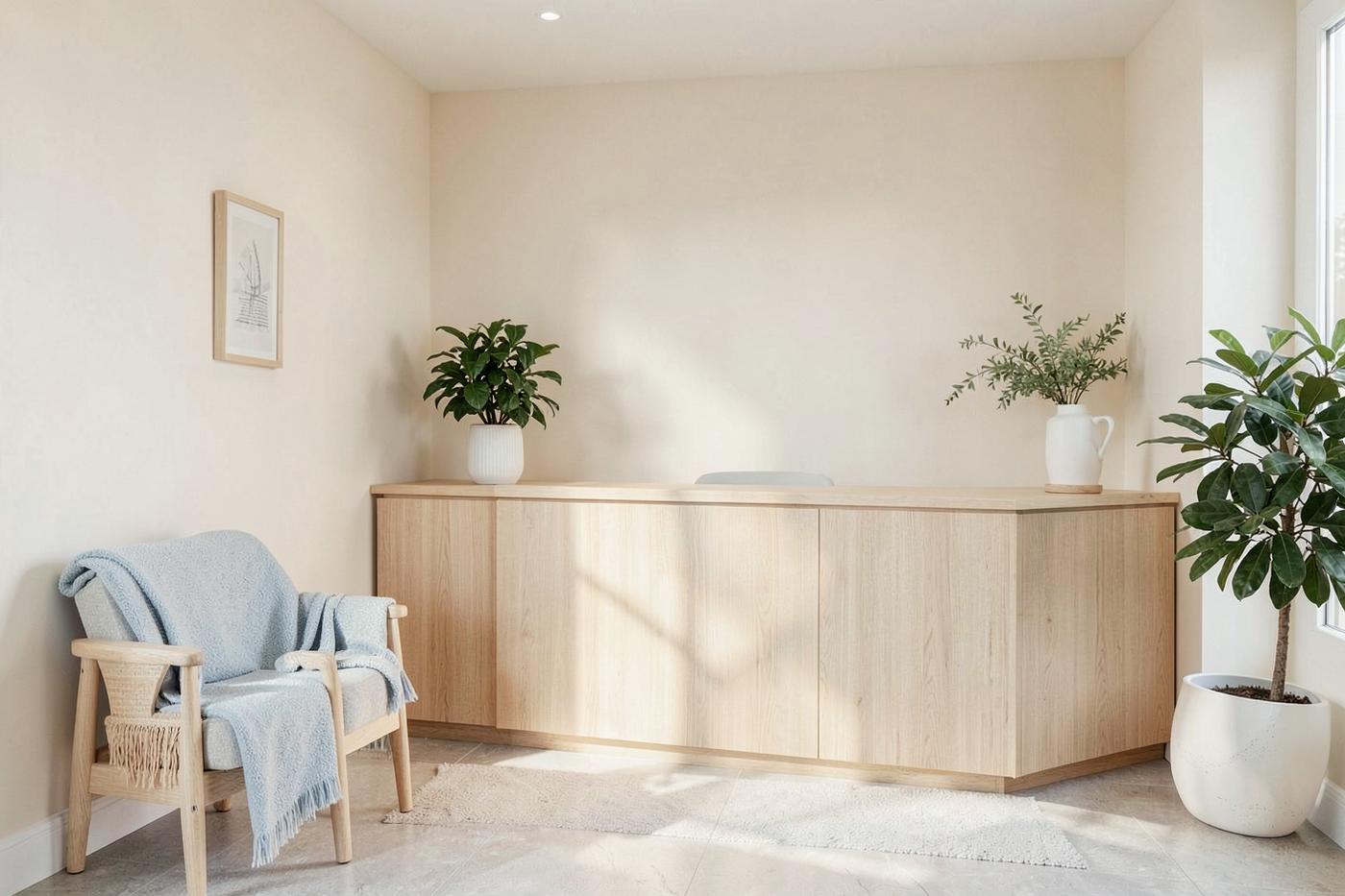 Recepção da Clínica Levittá com iluminação suave, plantas e assentos confortáveis