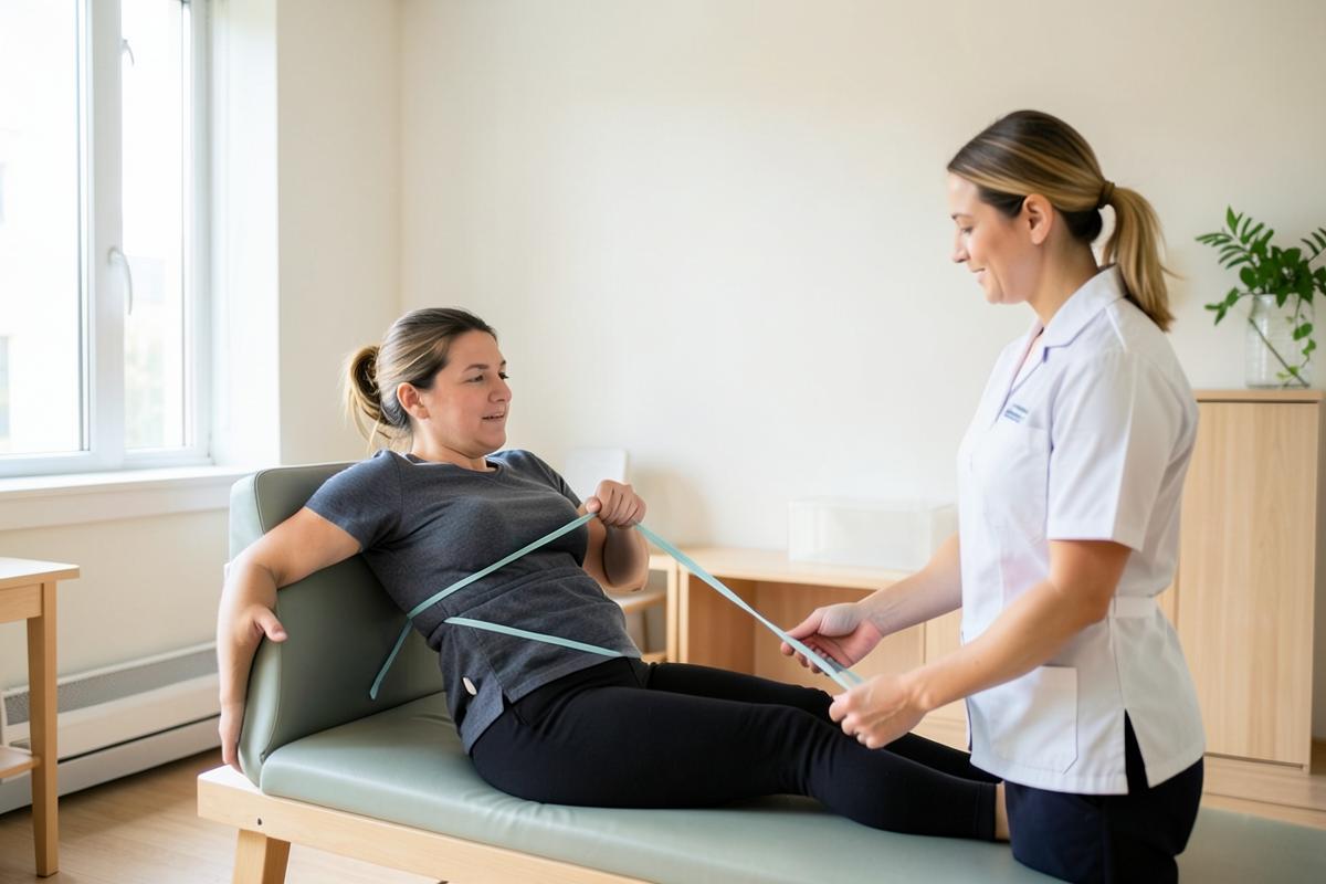 Fisioterapeuta acompanhando exercício suave de recuperação com paciente adulto