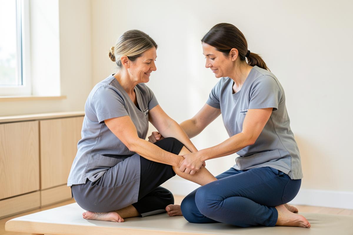 Fisioterapeuta atendendo paciente em maca durante sessão de fisioterapia ortopédica
