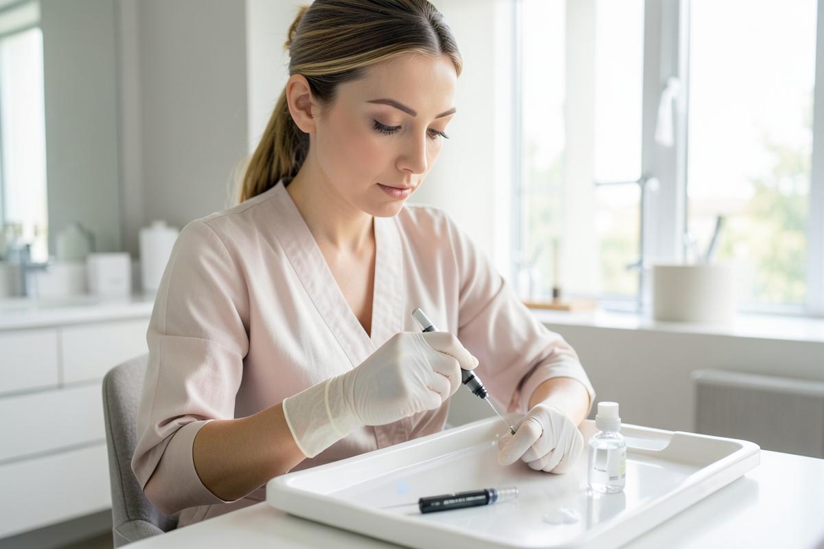 Profissional preparando material para sessão de microagulhamento em clínica clara