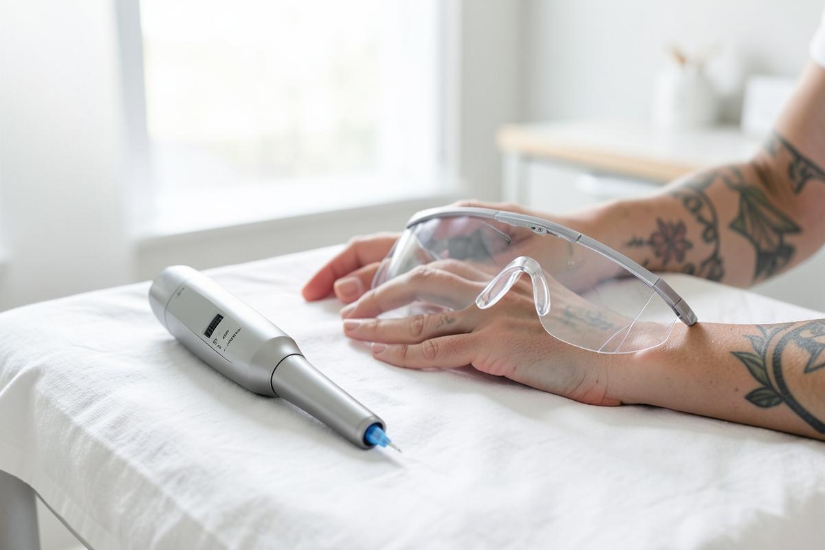Aparelho de laser e óculos de proteção ao lado do braço tatuado de uma pessoa em clínica clara